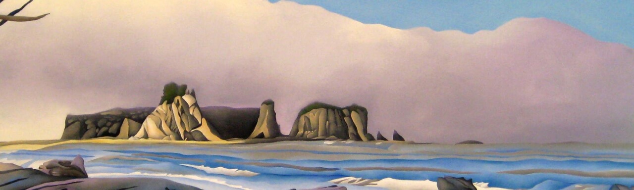 painting of rocks beyond lakeshore